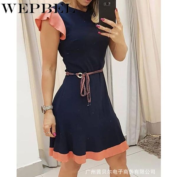 

casual dresses wepbel women summer elegant dress sleeveless o neck high waist patchwork ruffles mini with belt, Black;gray