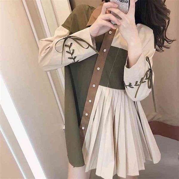 

women's wear spring fashion retro stitching long sleeve korean clothing vintage camisas mujer blouse r205 210527, White
