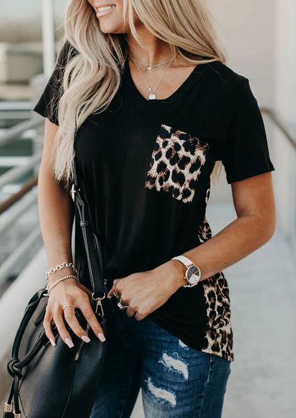 

v-neck t-shirt leopard pocket tee women summer short sleeve 2020 fashion leopard back tee summer new loose tee shirt female c0220, White