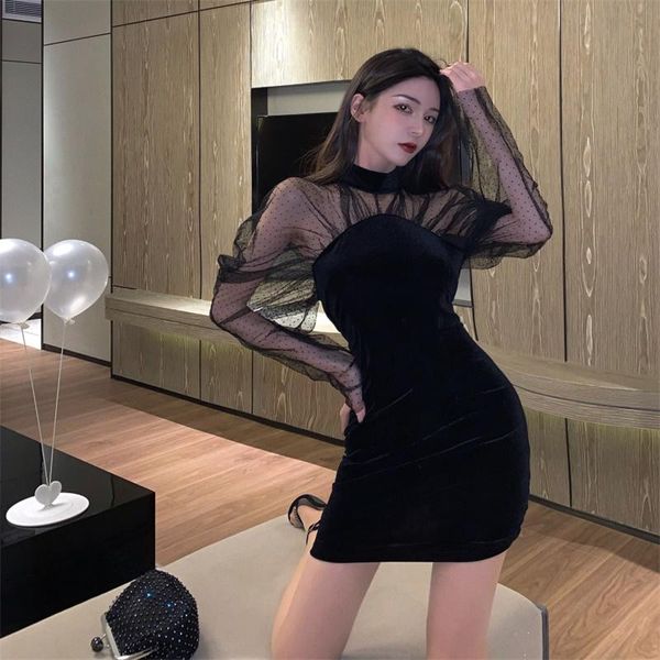 

casual dresses korean spring dress woman lace black patchwork mini y2k fashion ladies irregular sleeve design for women 2021, Black;gray