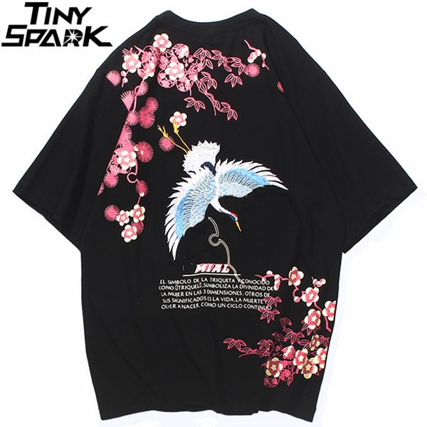 Herren Hip Hop T-Shirts Rosa Blumenkranich Streetwear T-Shirt Harajuku Sommer Kurzarm T-Shirt Baumwolle Tops T-Shirts Schwarz 210225