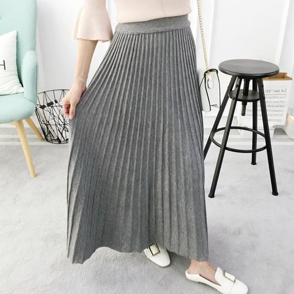 

skirts 2021 jupe knitted woman maxi winter long pleated solid gray black high waist saia longa femme