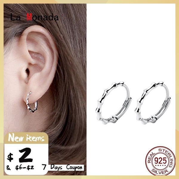 

hoop & huggie la monada 925 sterling silver earrings small bamboo fashion for women round piercing jewelry, Golden;silver