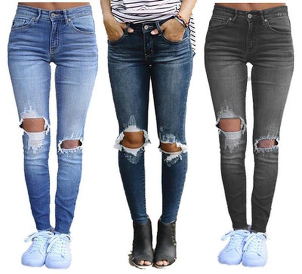 

women's jeans women denim ripped hole stretch skinny pencil pants ladies full length pantalon jean femme, Blue