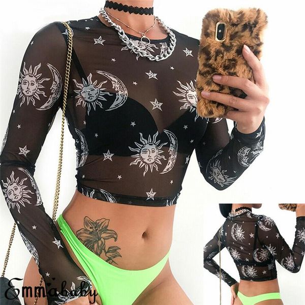 

women's swimwear fashion casual slim print women high neck transparent mesh sheer crop cover ups tee summer clothes, White;black