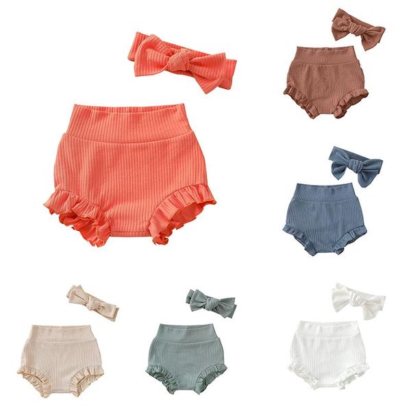 

summer kids boys shorts knitted solid color baby girls cotton ruffles short pants fashion newborn bloomers with headband, Black