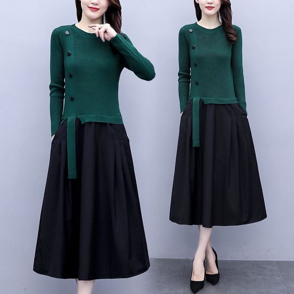 

female green autumn shreds kint nightgown 2021 long stylish sleeve plied line dresses plus size clothes gew2, Black;gray