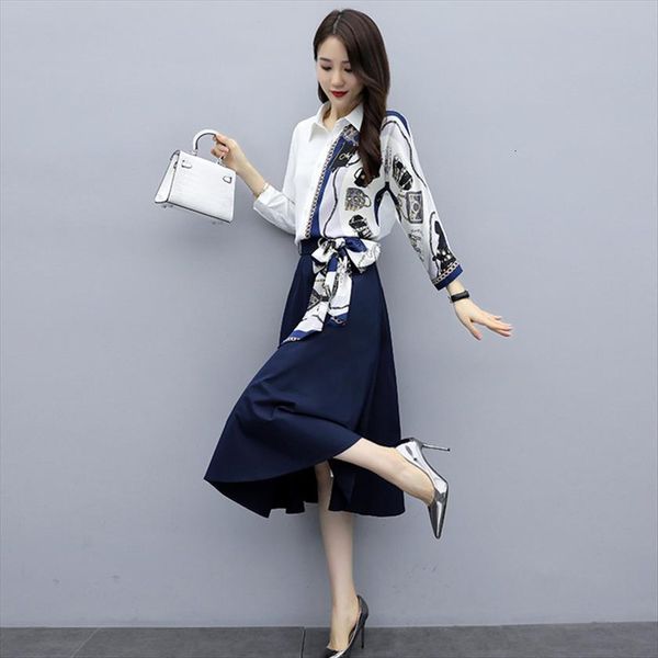 

spring elegant ol work 2 womens tracksuits pieces set fashion stitching print shirt blouse amp a line skirt office lady, Gray