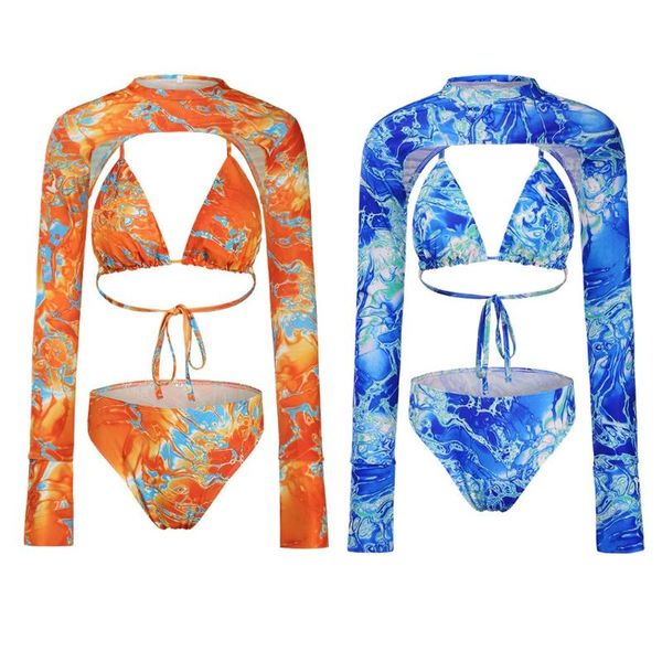 

women 3pcs bikini set tie-dye halter swimsuit with long sleeve crop one-piece suits