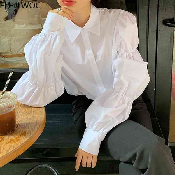 

women's knits & tees solid white shirts women korea chic fashion long sleeve elegant office lady single breasted button loose
