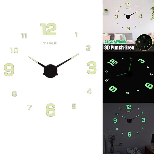 

diy 3d punch-wall clock silent quartz luminous decor sticker wall night clocks