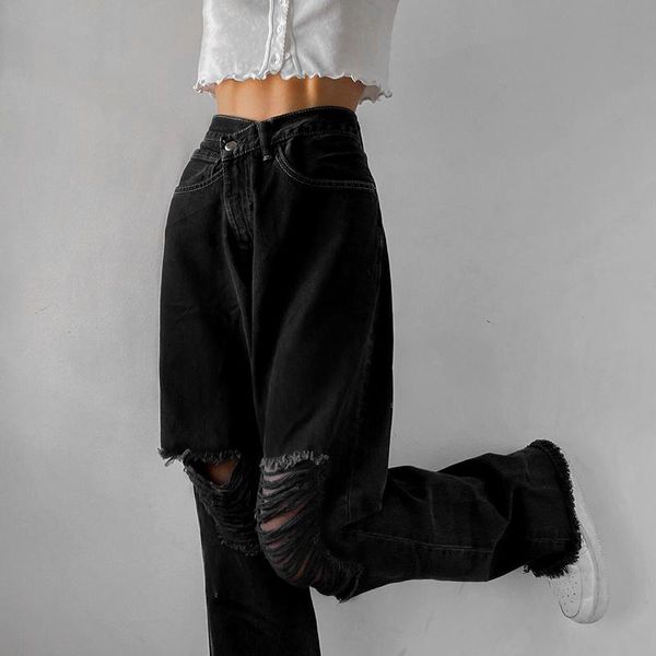 

women's jeans fashion holes high waist femme pantalon vintage streetwear loose korean trousers joggers women denim pants, Blue