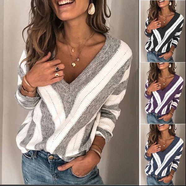 

new women autumn fashion v neck long sleeve sweater loose knitted striped pullover casual jumper shirts, White;black