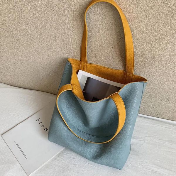 

evening bags large capacity women daily tote bag soft pu leather ladies big shoulder 2021 summer yellow double sided women's shopper