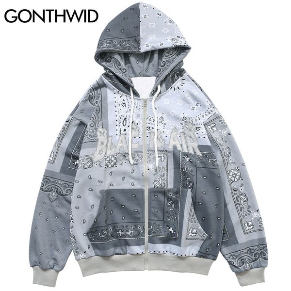 

gonthwid embroidered bandana patchwork full zip hooded sweatshirts jackets 2021 harajuku hip hop casual hoodies coats mens t200914, Black