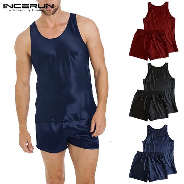 

incerun silk satin men pajamas set breathable soft homewear sleeveless shorts nightgown pyjamas men sleepwear set summer y19051701, Black;brown