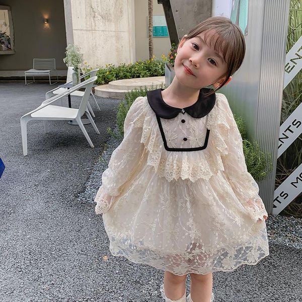 

girl's dresses spring autumn girls double-deck embroidery princess cotton turn-down collar long sleeve dress 2-6y, Red;yellow