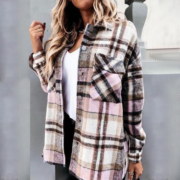 

women's wool & blends 2021 fashion women long sleeve plaid shirt coats spring autumn casual lapel cardigan jackets outerwear streetwear, Black