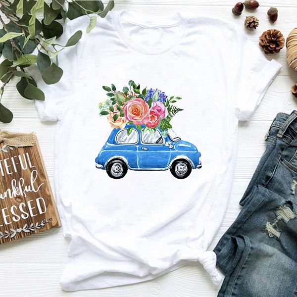 

women's t-shirt female casual short sleeve graphic summer women harajuku t-shirts aesthetic car flower print lady, White