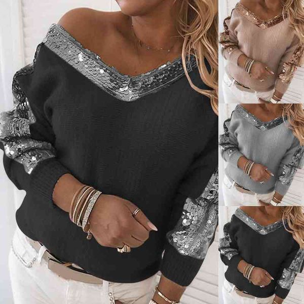 

autumn winter women v neck long sleeve sweater sequins one shoulder womens clothing pull femme, White;black