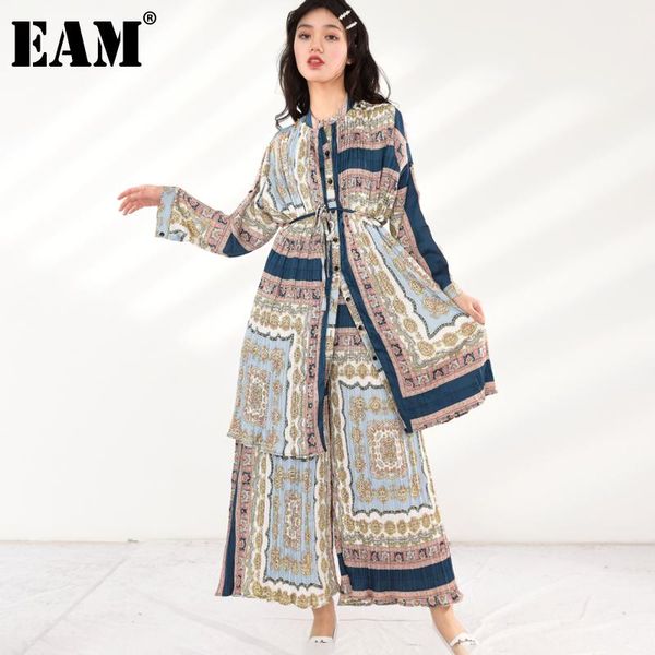 

eam] wide leg pants pattern printed big sizetwo piece suit new stand collar long sleevewomen fashion spring autumn 2021 ag833, White