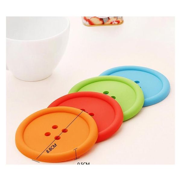 

10pcs creative 6 colors round soft rubber cup mat lovely button shape sile coasters household jllwcn ladyshome