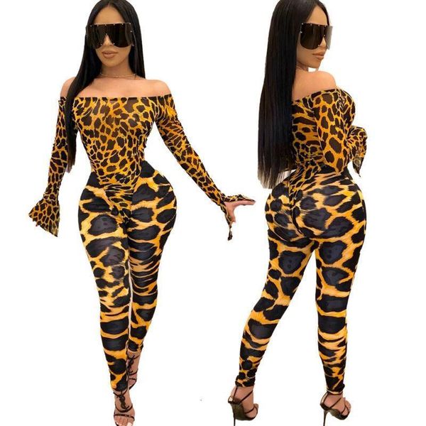 

new women ladies off shoulder leopard bodycon jumpsuit romper pants clubwear clothes 2pcs set brown red yellow, Gray