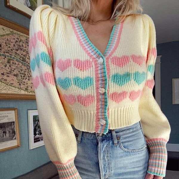

women's knits & tees fashion women hit color heart pattern cardigan sweater mujer lantern sleeve single breasted crop outerwear autumn, White