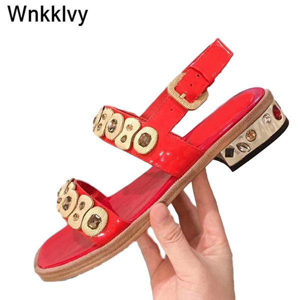 

70% off wholesale flip-flops summer crystal low heels sandals ethnic shing leather metal rhinestone decor ankle strap diamond party dress sh, Black