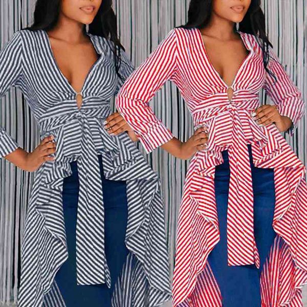 

fashion womens blouse long sleeve shirs t striped tied front v neck irregular shirt long blouse autumn spring clothes, White