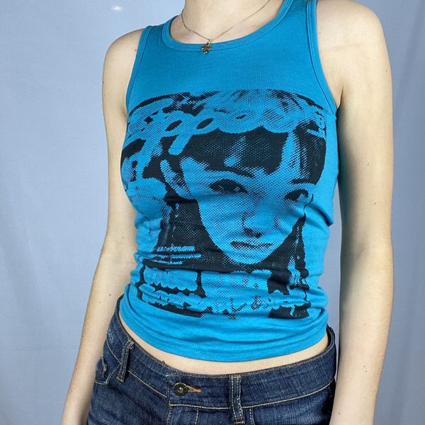 

women's sleeveless vest 2022 summer new portrait printing fashion crew neck casual cropped top, White