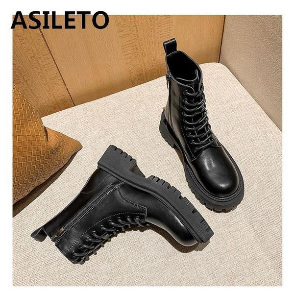 

boots asileto women ankle fur round toe 4.5cm heels platform cool cross strap zip motorcycle stylish spring autumn mujer b21621, Black