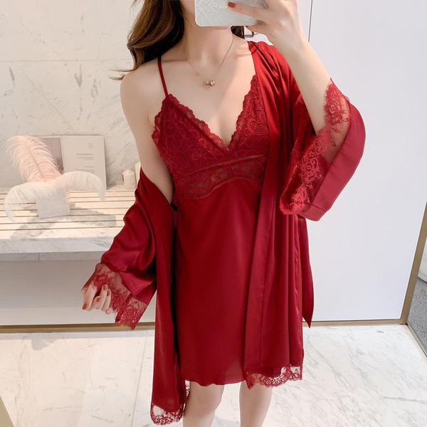 

women's sleepwear women robe satin kimono bathrobe gown two piece set with lace perspective spring summer intimate lingerie, Black;red