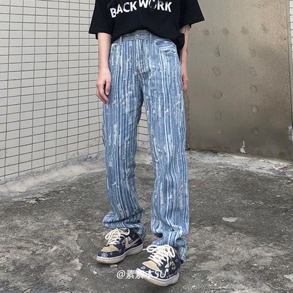 

men's jeans hip hop tie dye hole straight pants men and women retro washed oversize baggy denim trousers harajuku streetwear jean, Blue
