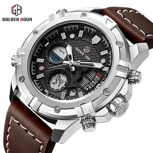 

wristwatches golden hour brand 2021 men sports watches army military waterproof male mens chronograph watch, Slivery;brown