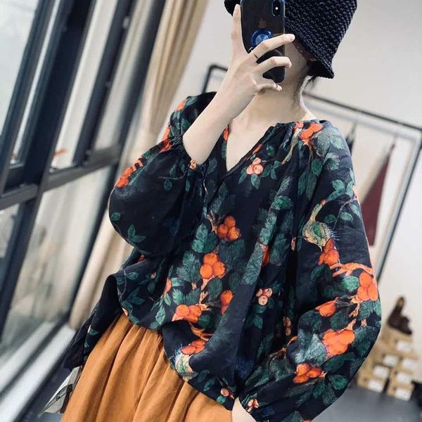 

women's blouses & shirts plus size loose blouse women summer v-neck printing linen casual shirt, White