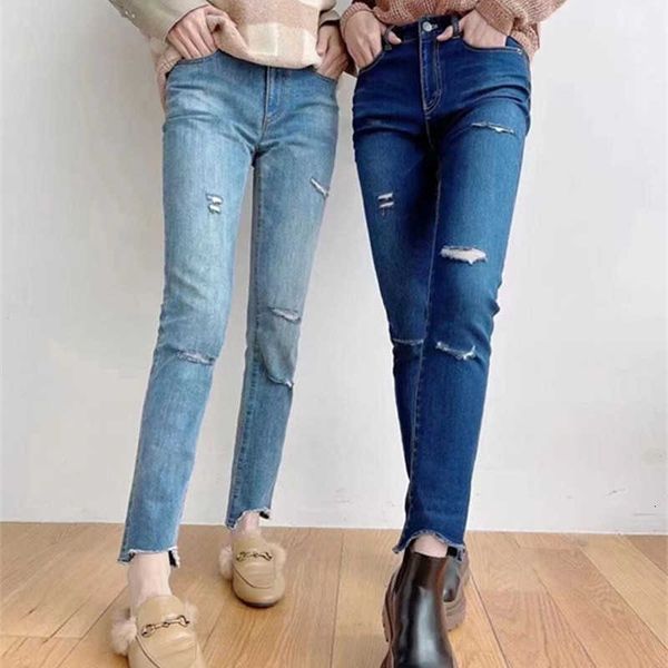 

flagship brand store 2021 spring and summer tide ins elastic thin hole calf jeans, Blue
