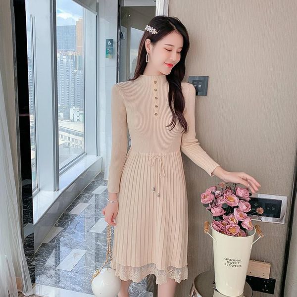 

casual dresses 2021 autumn half turtleneck knitting cotton lacing dress solid high waist long sleeve lace slim mid calf, Black;gray