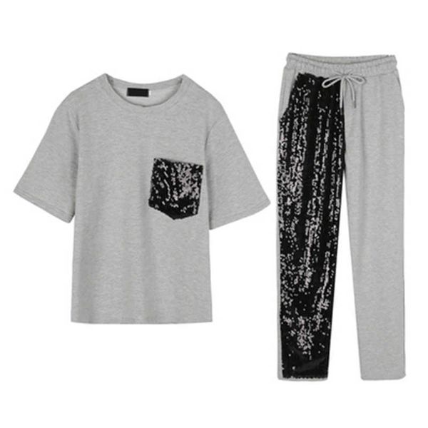 

perhaps u black gray pink o neck short sleeve t-shirt sequined pocket ankle-length pants casual two-piece set summer t0123 210529, White