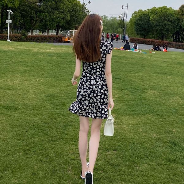 

cheongsam improved short young girl chinese style fashion daisy floral dress, Black;gray