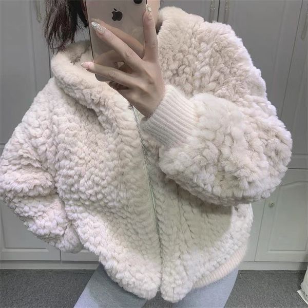 

fur female 2021 new short hooded loose woven rabbit hair thickened coat small man, Black