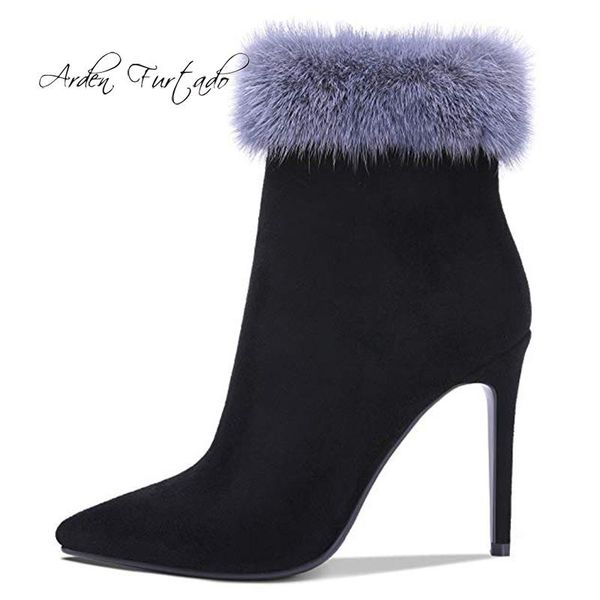 

boots arden furtado 2021 autumn winter zipper stilettos party shoes ladies pointed toe ankle fur high heels fashion, Black