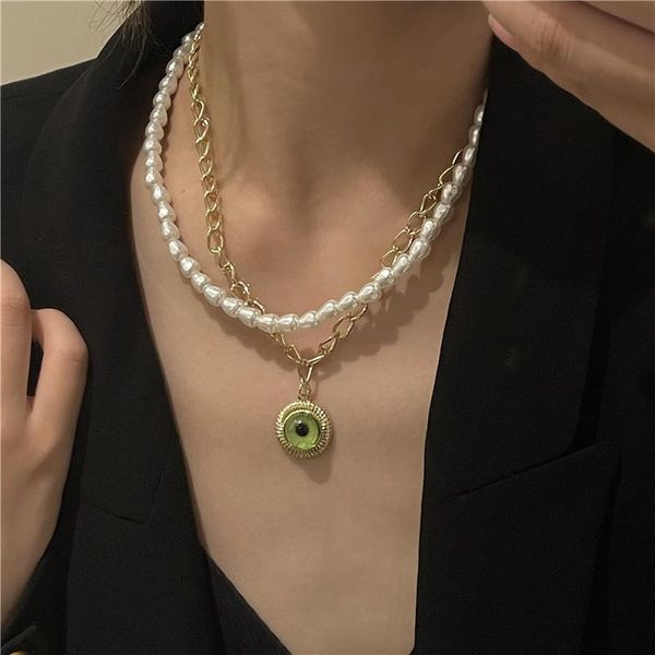 

pendant necklaces ins bohemian french pearl necklace millennium minor eyes double layered metal clavicle chain for women gifts, Silver