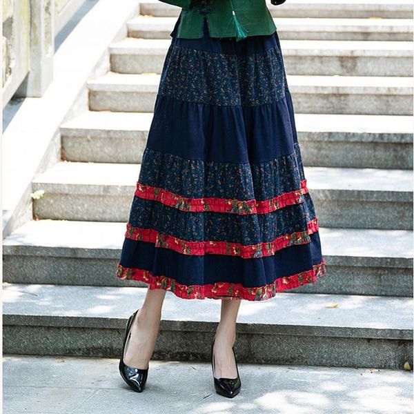 

skirts bohemian women casual cotton linen vintage chic all-match girls vacation holiday elastic waist long womens 2021 ff3083, Black