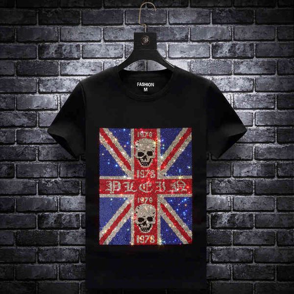 

fashion t shirt european 2021 summer short sleeve skull men's diamond trend youth base shirt daily thin size, White;black