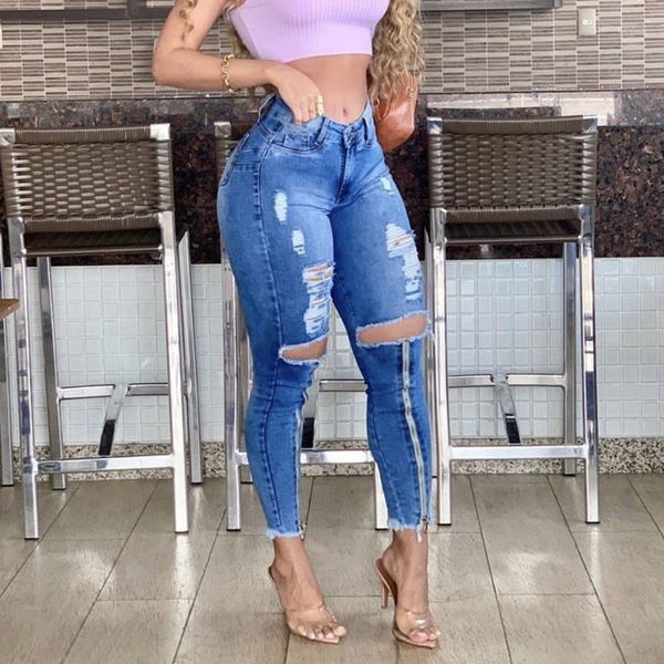 

high waist elastic gates denim 4 seasonal pencil women casual slashed jeans broek # t2g, Blue