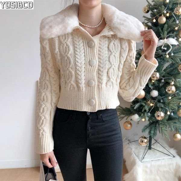

yosibcd women 2021 fashion with faux fur cropped knitted cardigan sweater vintage long sleeve buttons female outerwear chic top, White
