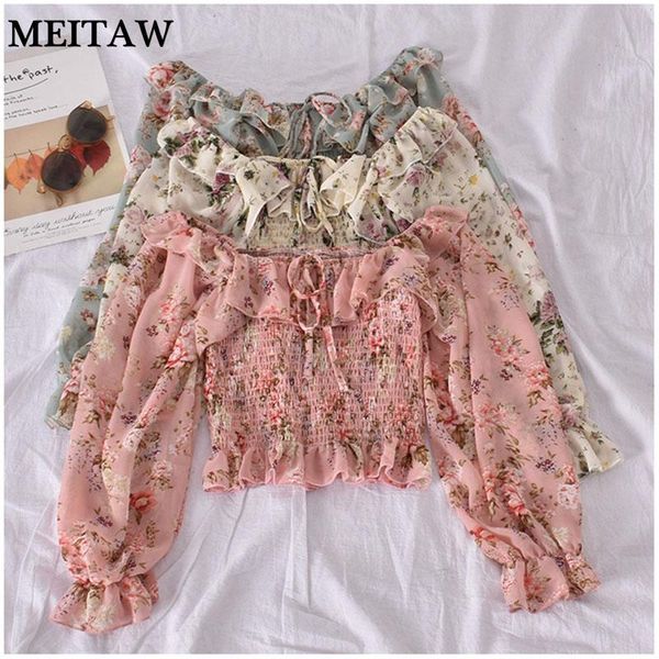 

women's blouses & shirts 2021 spring summer women fashion floral print cropped blouse ladies off shoulder puff sleeve chic crop female, White