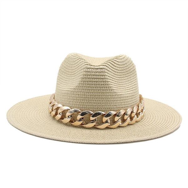 

wide brim hats sun men women straw panama gold chain band belt summer spring black khaki beach casual, Blue;gray