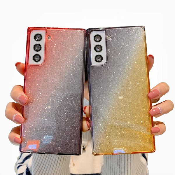 

gradient color glitter cases for samsung s21ultra straight square anti-fall rainbow protective cover